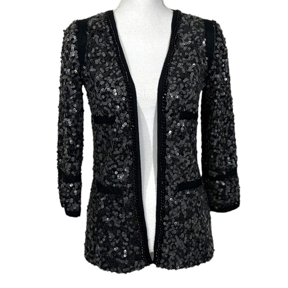 Rachel Zoe Open Front Sequin Jacket Chain Trim Pockets Size P - Picture 1 of 13